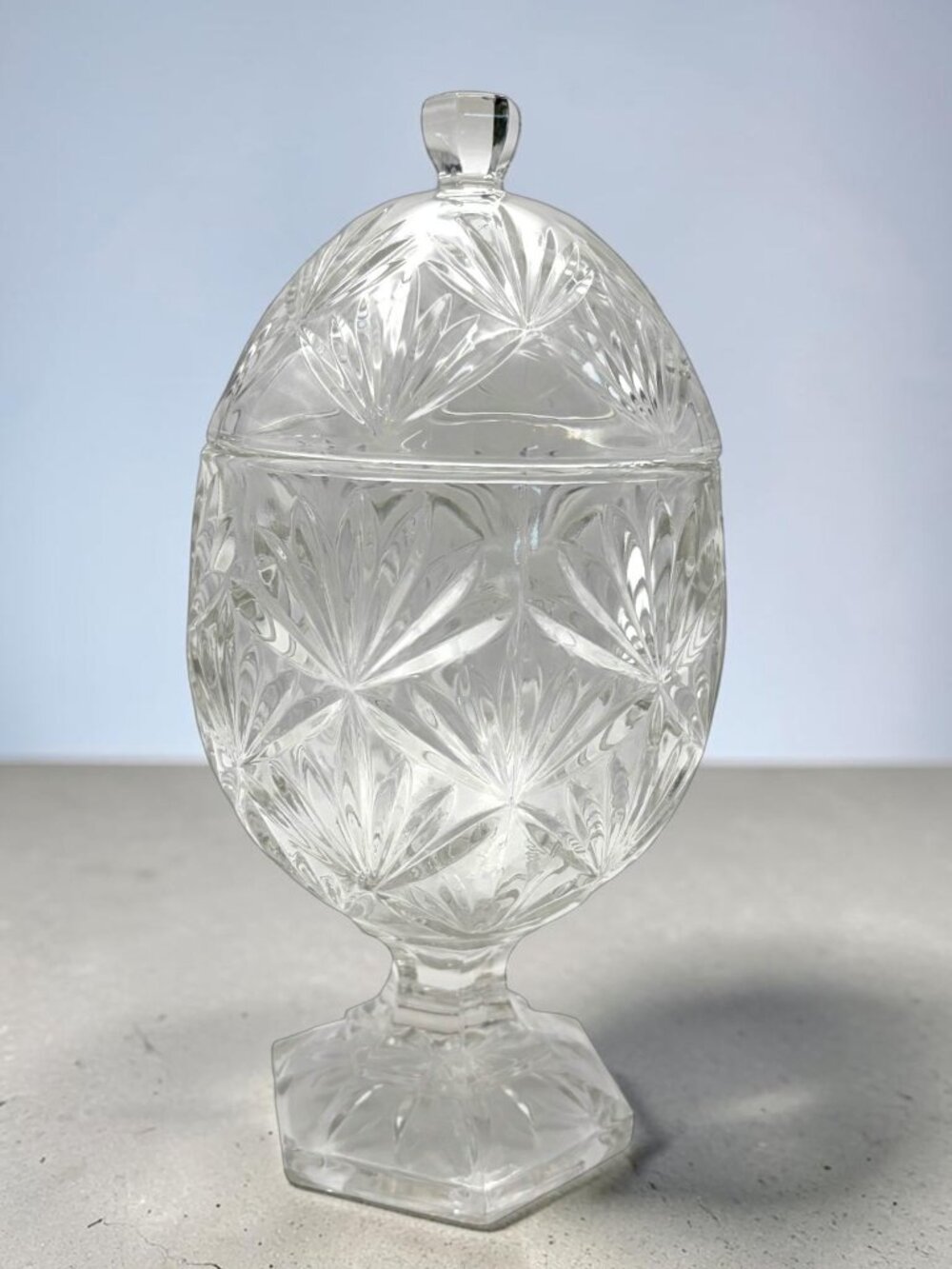 Vintage Cristal d'Arques Durand Clear Egg Pedestal Candy Dish with Lid 8.5"